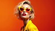 © Maryna - Chic woman with blonde wavy hair wears yellow jacket, yellow cat-eye sunglasses with red lenses. Bright orange background. Bold red lips, striking makeup, confident expression, glamorous style,