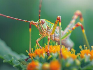 Macro of colorful grasshopper standing on leaf in lush green environment