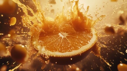 Orange slice exploding with juice in mid-air