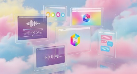 Digital interface windows floating in a pastel sky, showcasing various applications and designs.