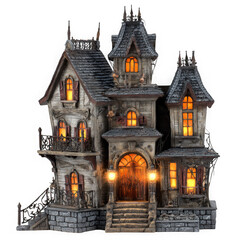 Detailed miniature spooky haunted mansion with glowing windows isolated on transparent background
