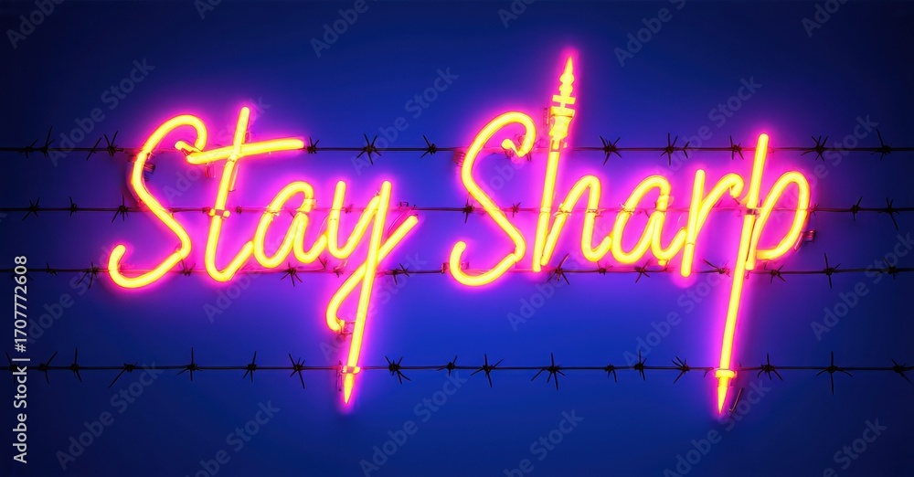 Staysharp Display Bright neon sign displays Stay Sharp text. Barbed wire runs ...