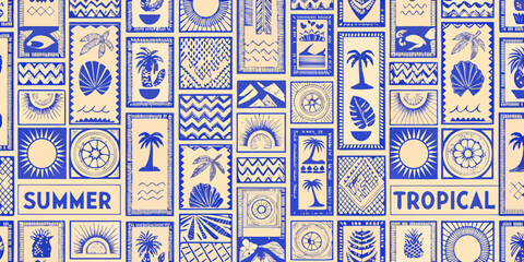  Seamless pattern of blue tropical and summer motifs in a mosaic tile design on a beige background