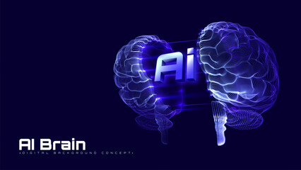 Ai brain particle light on blue background. Artificial intelligence deep learning. Digital scene design concept.