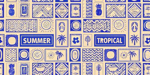 Hand drawn blue tropical summer patterns and icons on beige background