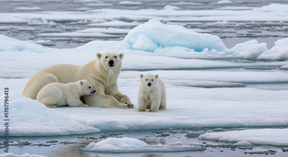 Polar bear mother with two cubs on ice floe, vast icy water expanse ...