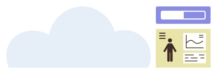 Light blue cloud, analytics dashboard featuring user icon, graph, and text blocks. Ideal for technology, data storage, analysis, user interface cloud solutions simplicity digital tools. Minimal