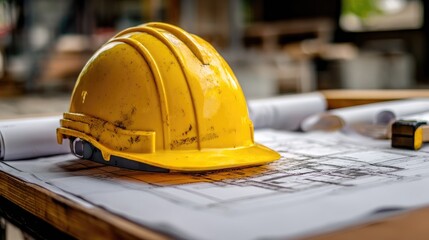 Yellow Hard Hat on Blueprint Plans at Construction Site with Tools in Background