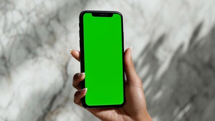 Woman displays green-screen phone on marble backdrop, ideal for premium fashion, ecommerce, and lifestyle app mockups in advertising campaigns.