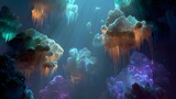 Dreamlike scene of floating islands with luminous liquid dripping f...