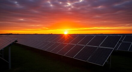 A vast array of solar panels are positioned in a field, bathed in the warm hues of a vibrant sunset.