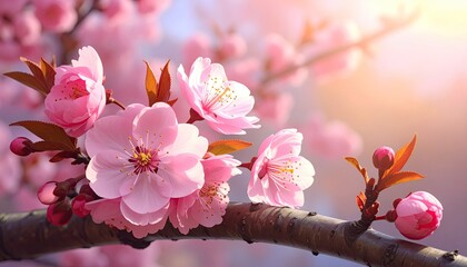 Pink Cherry Blossom Branch with Sunlight Warmth in Background Detailed Floral Close Up on Tree Branch Delicate Pastel Petals