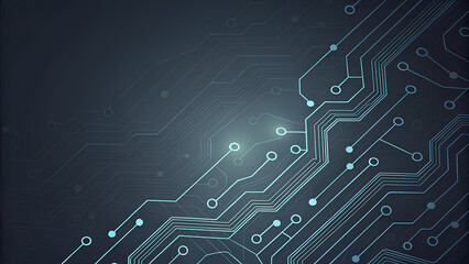 A digital dark blue circuit board with a processor illustrates modern technology and electronic template design