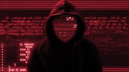 Hacker with hoodie and glitch face. Computer abstract digital code at the background. Dark web or darknet fraud. Cryptocurrency bitcoin mixer concept. Cybersecurity and social network data protection