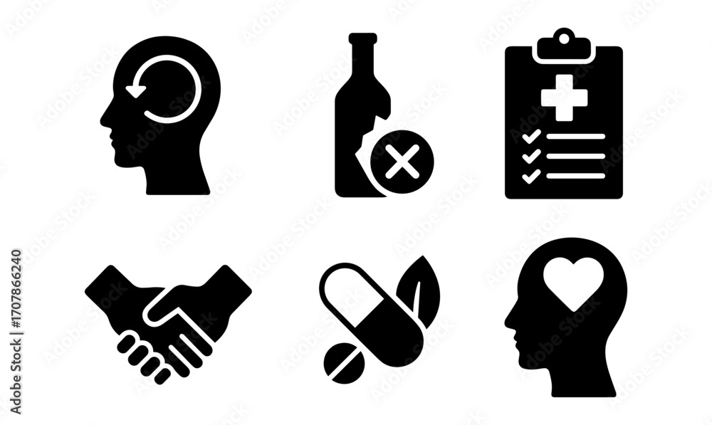 Essential addiction treatment concepts icons for health and wellness ...