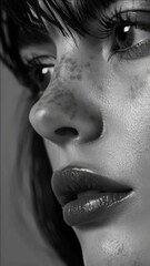 Wall Mural - Close-up of a woman's face with neutral expression and slight smile, looking slightly away from camera.