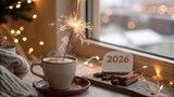 Warm hot cocoa and sparkling joy welcome the new year from a cozy window