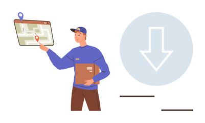 Courier holding parcel, pointing to pinpoint marker on map interface. Ideal for delivery, logistics, navigation, tracking, e-commerce, efficiency modern technology. Simple flat metaphor
