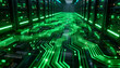 © Evans - Futuristic server room in data center with glowing green circuit board floor. Technology background for big data, AI, cloud computing, supercomputer, network and internet concept.