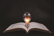 © Focus - Thinking and creative concept, Light bulb on the Book and light bulb style bokeh vintage dark background,Concept The idea of reading books, knowledge, and searching for new ideas.
