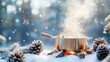 © dashtik - Steaming soup outdoors on a snowy day with pinecones and firewood ambience