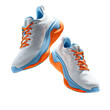 © Jalang - Light gray running shoes, orange and light blue accents,  pair floats