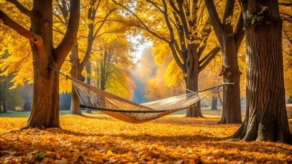 hammock strung between trees in autumn park