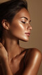 © PhotoLuxeStudio - Glowing tanned woman with smooth skin and closed eyes showing natural beauty and healthy complexion in warm light