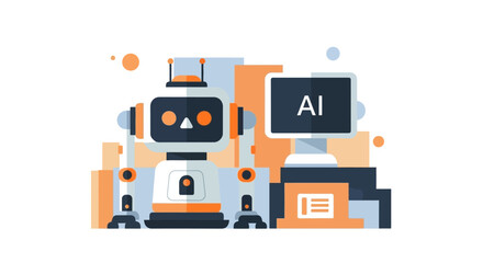Futuristic AI Robot with Computer Displaying Artificial Intelligence Concept.