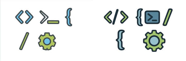 Collection of programming and web development interface icons including code brackets, command line, and settings gear symbols
