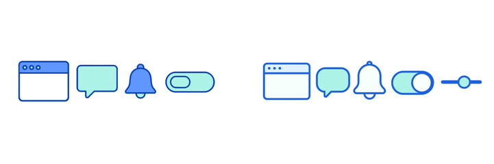 Collection of modern user interface icons for web and app design featuring browser window, chat bubble, notification bell, and toggle switch