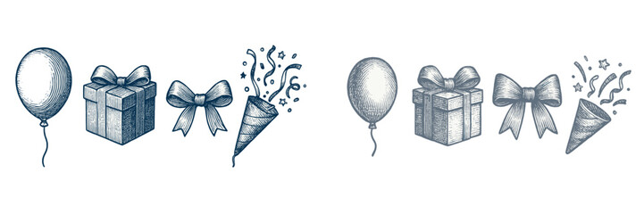 Festive celebration items including balloons, wrapped presents, decorative ribbons, and exploding party favors
