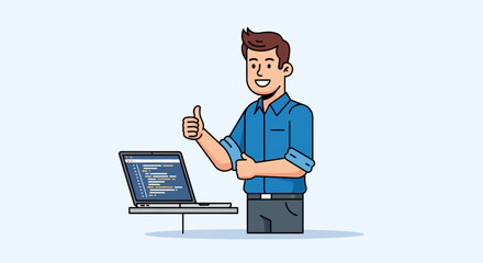 Successful software developer giving a thumbs up, code on laptop screen, smiling with enthusiasm