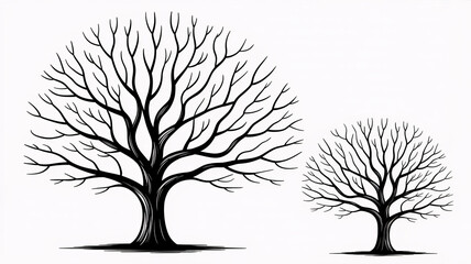Two bare deciduous trees, one large and one small, with intricate branch structures, isolated on a white background