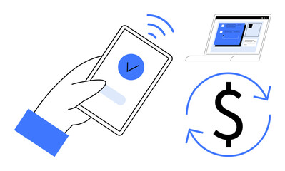 Wall Mural - Contactless payment using smartphone, a rotating dollar sign representing transaction, and a laptop interface. Ideal for finance, technology, e-commerce, banking, payment systems, mobile apps