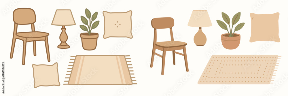 Stylized collection of minimalist home furniture and decor elements in ...