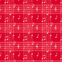 Wall Mural - Plaid repeat pattern with twill weave in red with music notes.Christmas, winter tartan check seamless pattern.Vector illustration geometric background for fabric and prints.