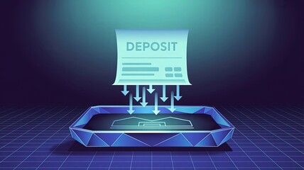 Digital Deposit: A futuristic illustration of a digital deposit concept, a glowing, virtual bill descending into a technological receptacle.