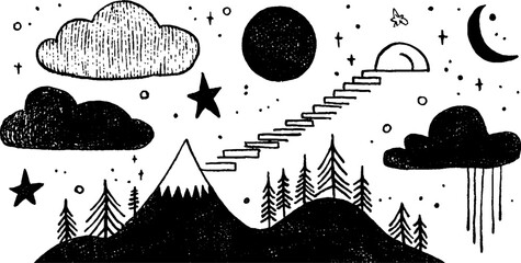 Wall Mural - Surreal dreamscape with floating bed, clouds, and celestial elements for creative design