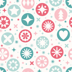 Wall Mural - Christmas background in modern style. Colourful decorations with balls, stars and snowflakes. Seamless pattern. Vector illustration