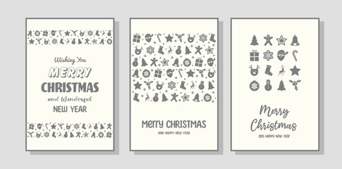 Wall Mural - Collection of Christmas posters with ornaments. Greeting card decorated with Santa Claus, tree, reindeer, present and snowflake icons. Vector illustration
