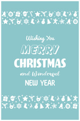 Wall Mural - Christmas poster with ornaments. Greeting card decorated with Santa Claus, tree, reindeer, present and snowflake icons. Vector illustration