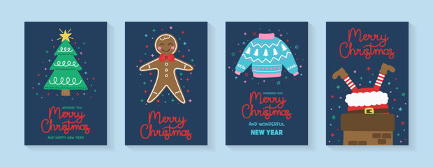 Wall Mural - Collection of Christmas greeting cards. Poster with cute Santa Claus, tree, sweater and gingerbread cookie. Vector illustration