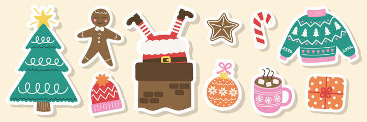 Wall Mural - Collection of colourful Christmas stickers. Christmas tree, ball, present, sock, cookie, cup, hat, sweater, gloves. Vector illustration