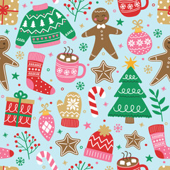 Wall Mural - Christmas seamless pattern with hand drawn elements. Vector illustration