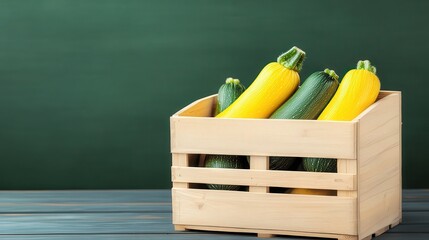 Freshly harvested zucchini in a wooden crate against a green background, perfect for use in cooking blogs, healthy eating campaigns, or farm-to-table restaurant menus,
