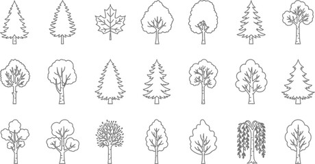 Diverse collection of tree sketches, showcasing various species and shapes for naturethemed designs and educational resources
