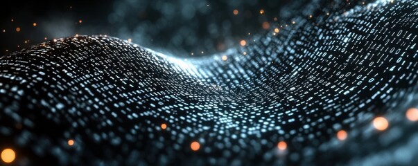 Abstract Digital Data Stream with Binary Code and Glowing Particle Effects