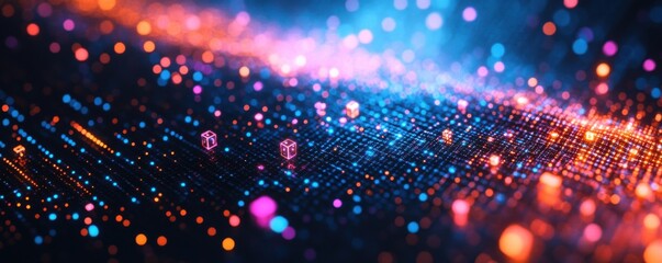 Abstract Digital Network with Floating Cubes and Glowing Data Particles