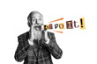 Creative collage image retired man motivational speech just do it support encourage checkered costume drawing background